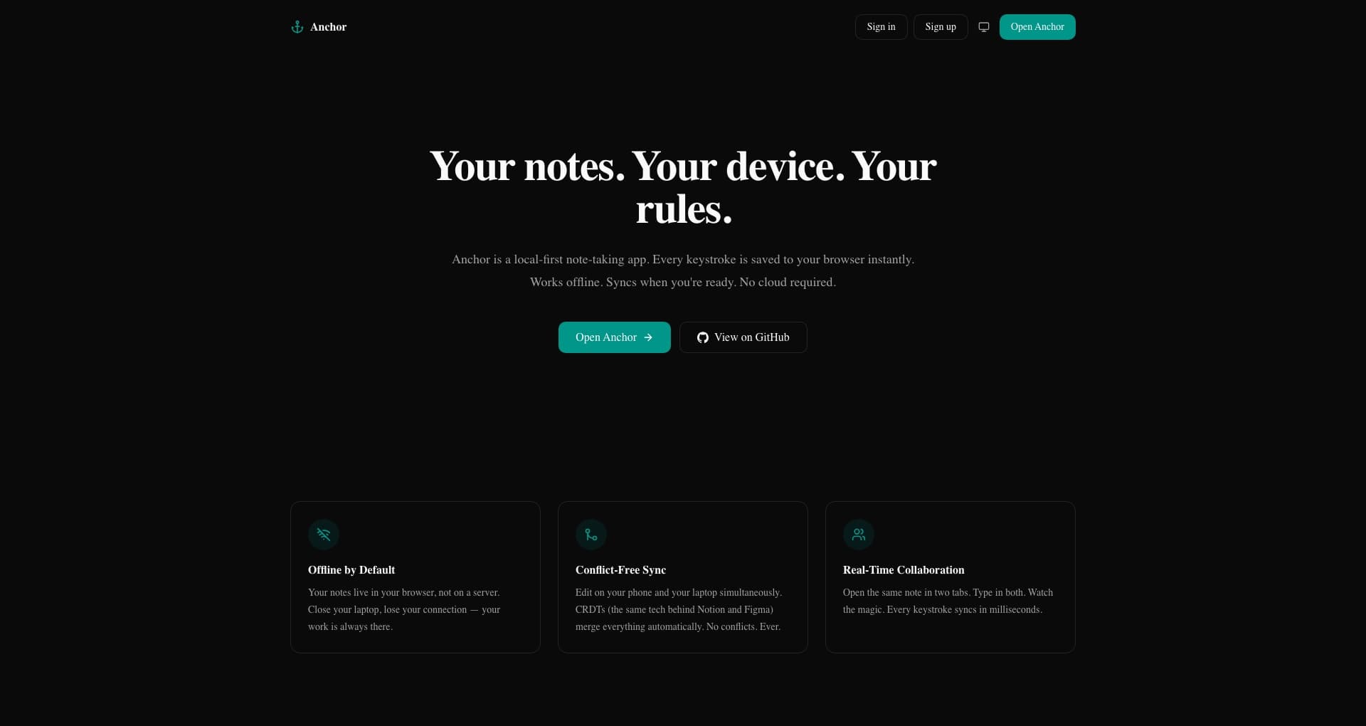 Anchor — offline-first note editor interface