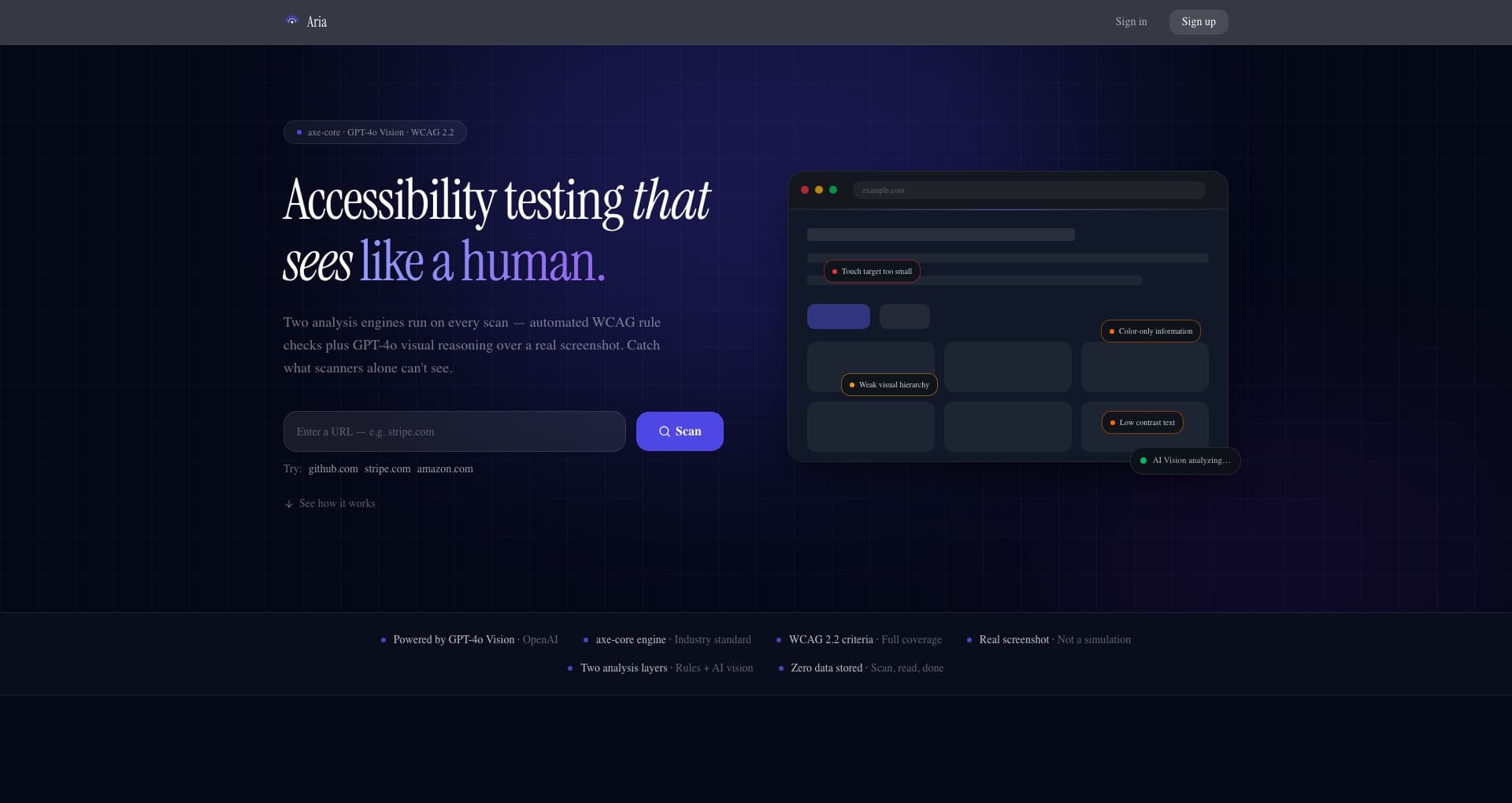 Aria — accessibility audit report interface