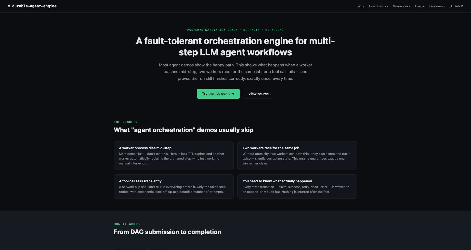 Durable Agent Engine — live run dashboard for a multi-step agent workflow