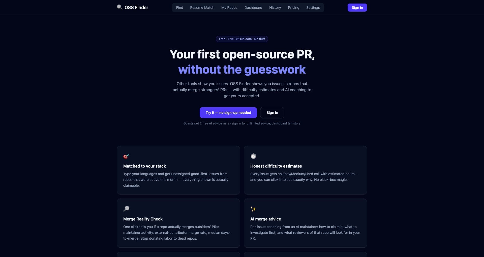 OSS Finder — ranked list of open-source projects for first contributions
